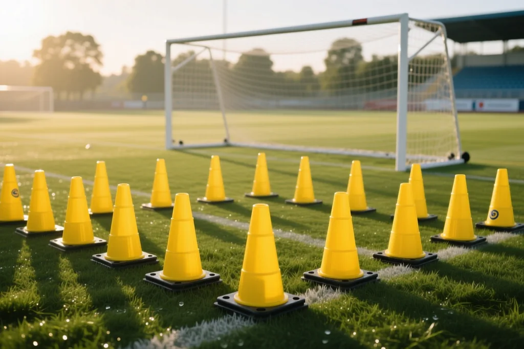 Training grid marked with cones in front of a goal at a national camp